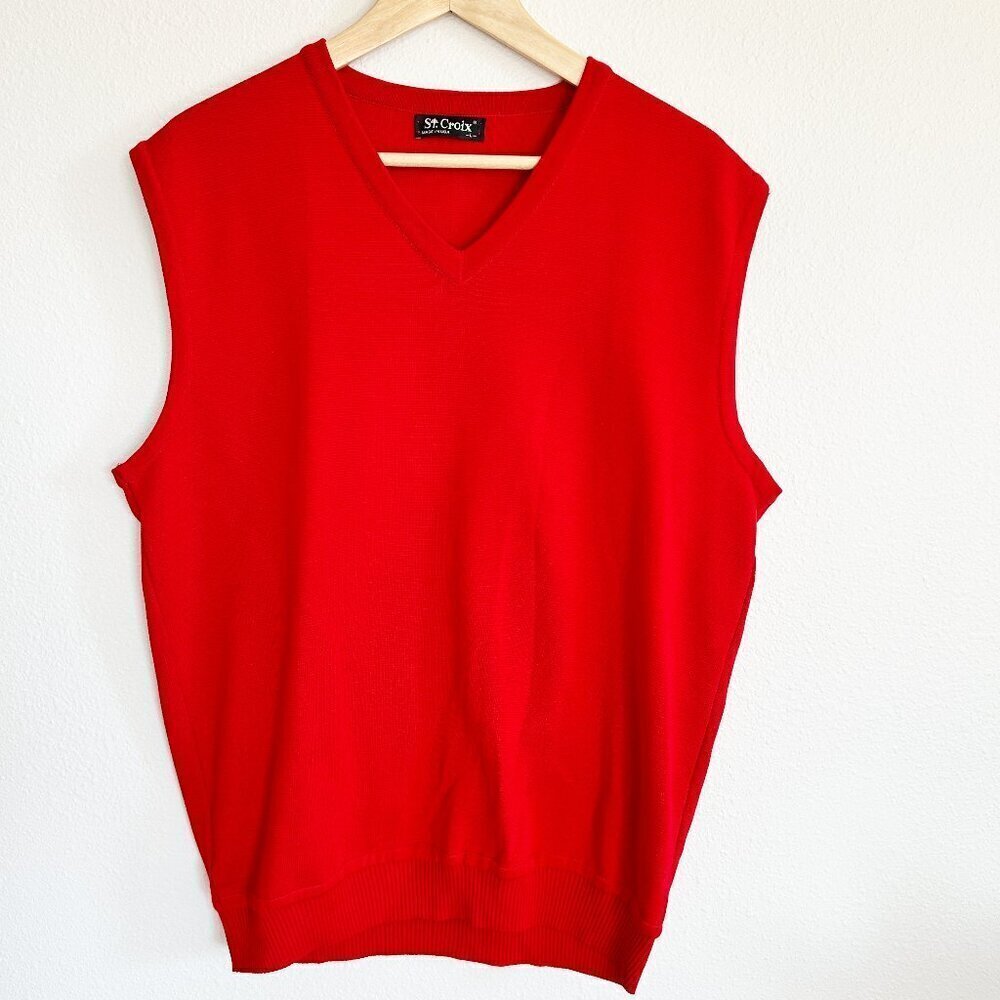 St Croix Vest Red Knit V-Neck Sweater Vest Cotton Blend Made In USA